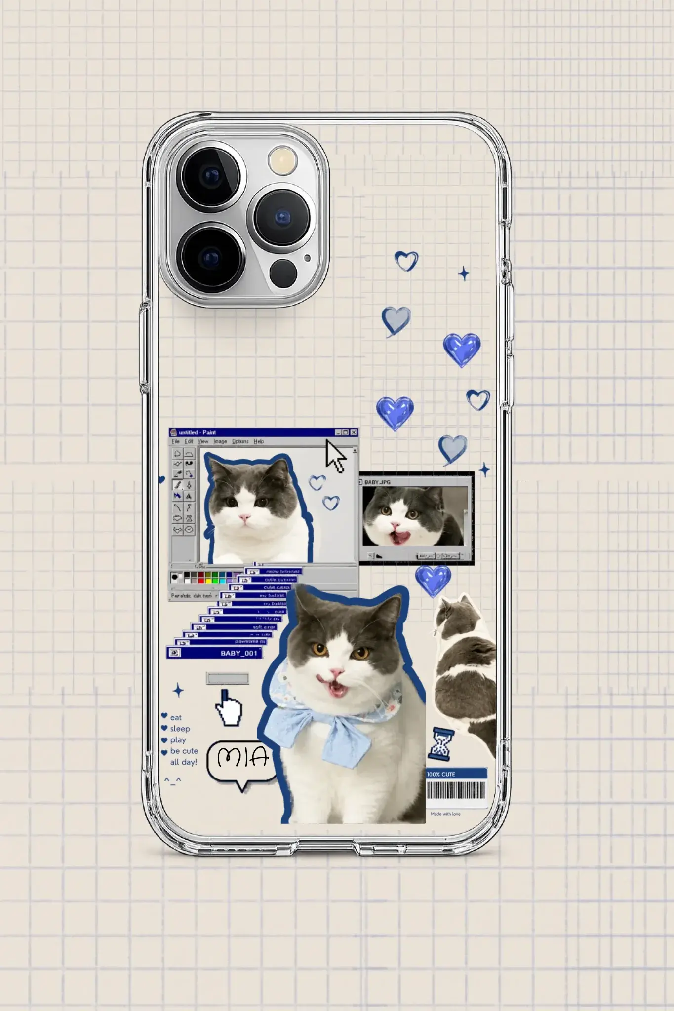 Phone case with a cat design on a checkered background