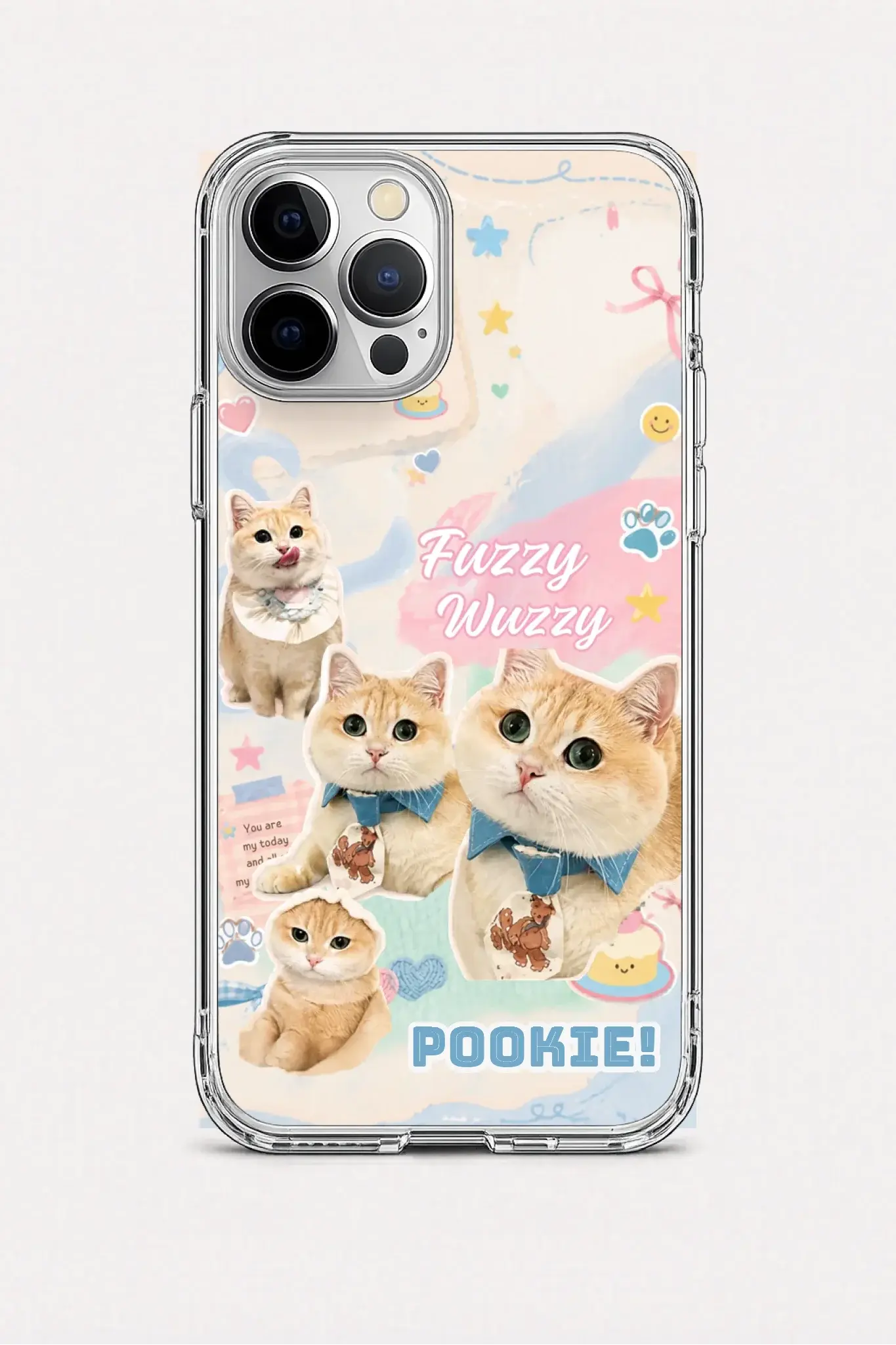 Phone case with cute cat illustrations and text on a light background