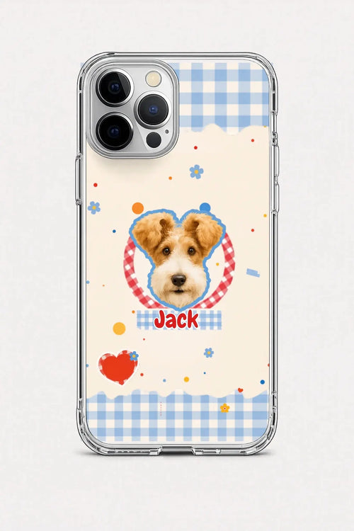Phone case with a dog illustration and 'Jack' text on a checkered background