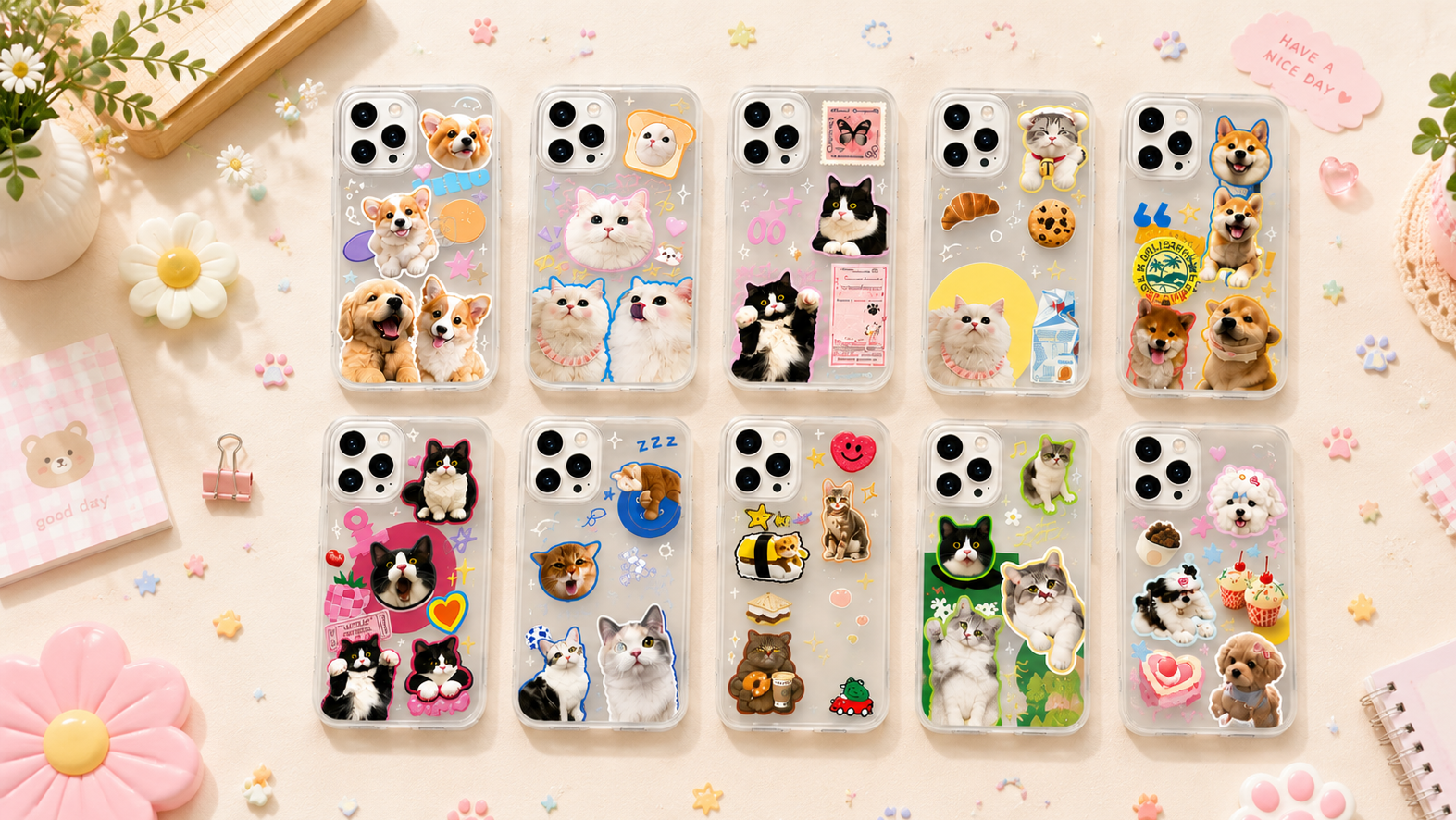 Collection of phone case designs with cute animal illustrations on a decorative surface.